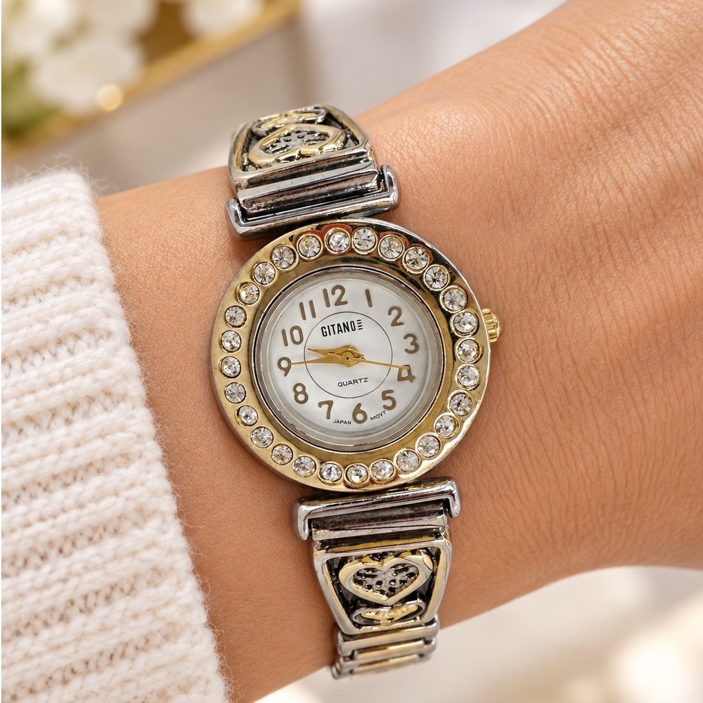Vintage Gitano Women's Watch Two Tone Crystal Bezel Stretch Band New Battery